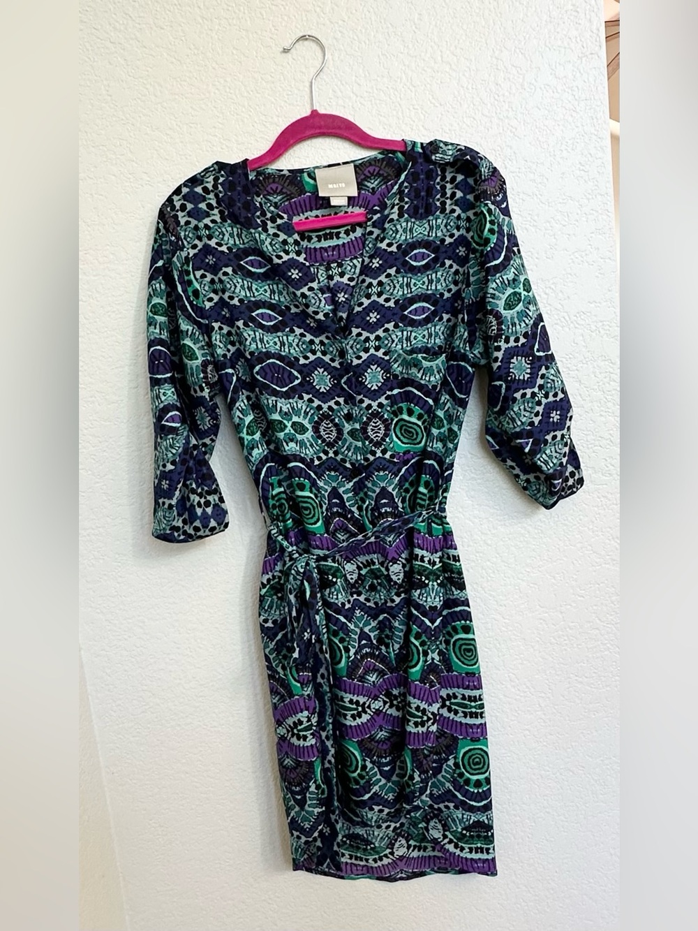 Maeve Anthropologie Teal Purple Geometric Print Belted Dress M